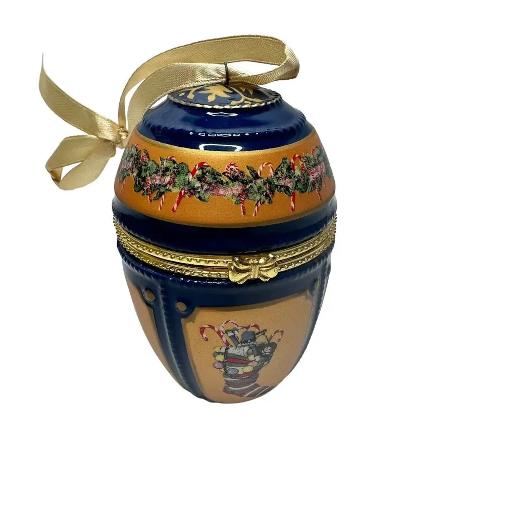 Imperial Nutcracker Porcelain Christmas Egg Gold Label Music‎ Box Ornament WORKS